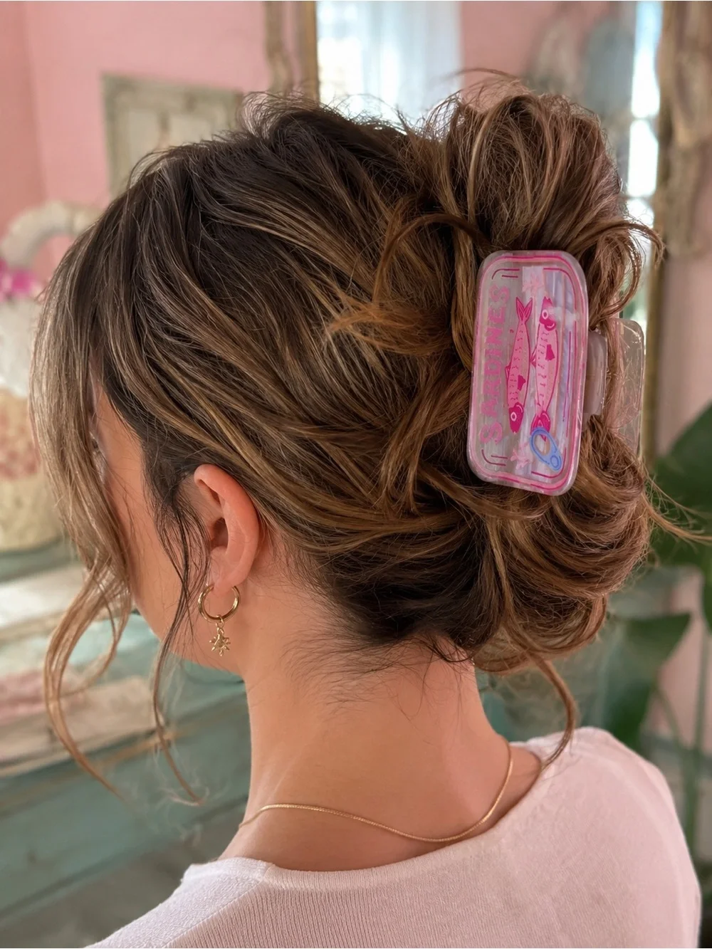 Trendy Pink Sardine Novelty Acrylic Hair Clip | Coastal Preppy
